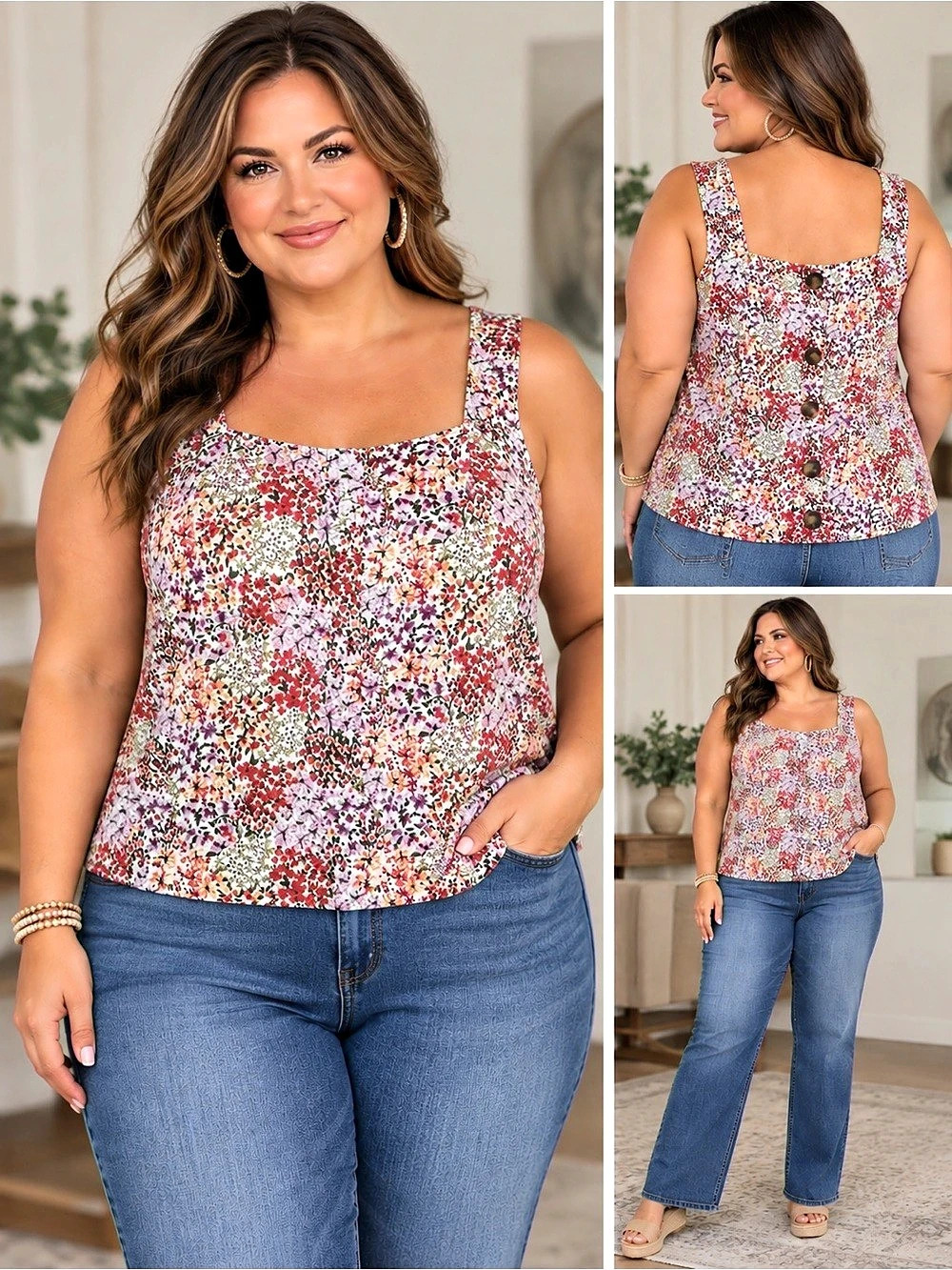 Lauren Conrad Floral Tank Top in White & Red Size XL